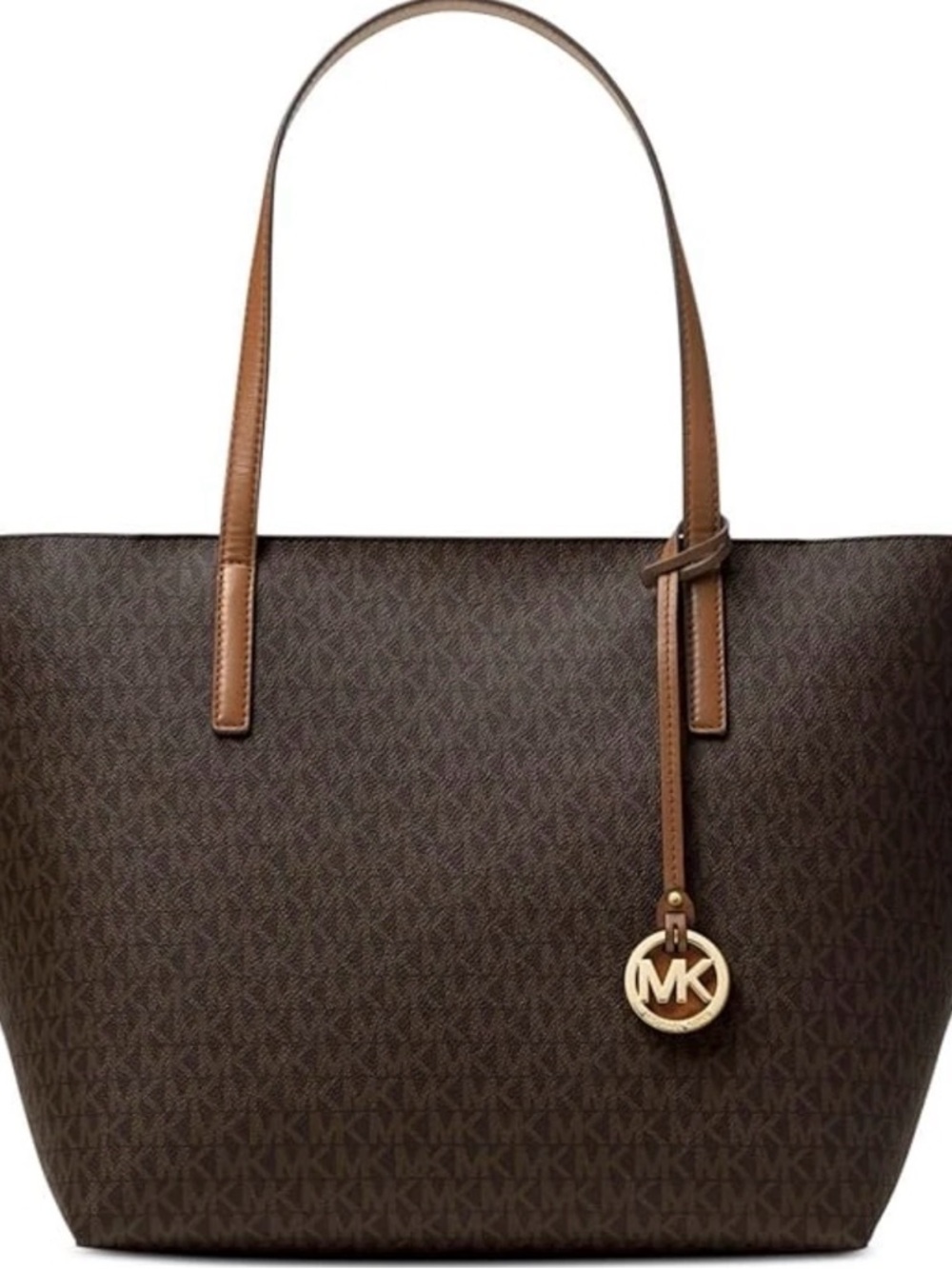 Michael Kors Brown Monogram Tote with Tan Straps and Gold Charm